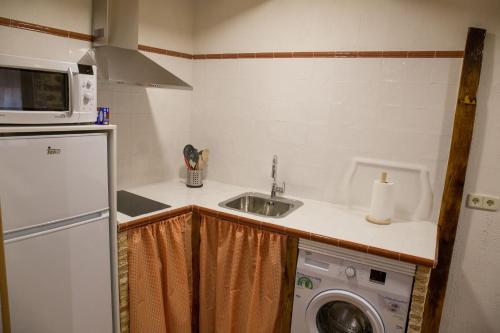 a kitchen with a sink and a washing machine at Los Acebos in Horcajuelo de la Sierra