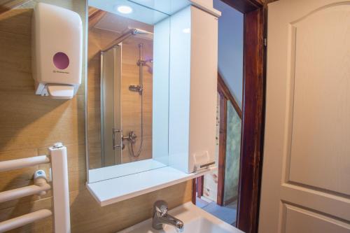 a bathroom with a shower and a sink at Apartmani Restoran Durmitor in Žabljak