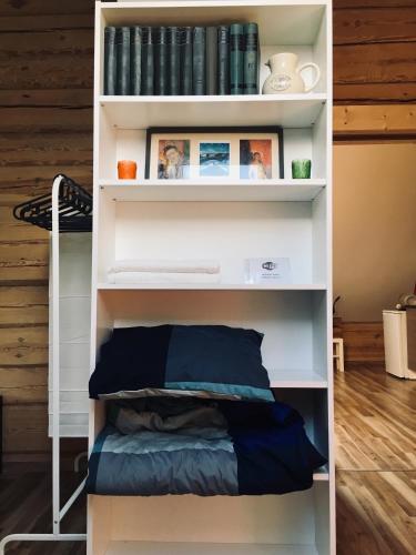 a book shelf with a bed and books at Room in a Scandinavian Style House in Vilnius