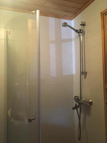 a shower with a glass door in a bathroom at Metsorinne in Kotila