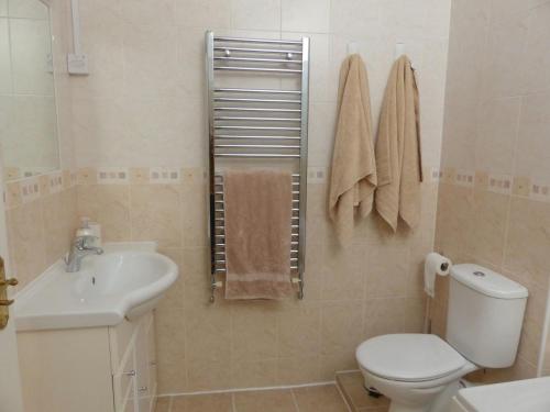 a bathroom with a white toilet and a sink at Bright, spacious 2 bedroom flat by Russell Square in London
