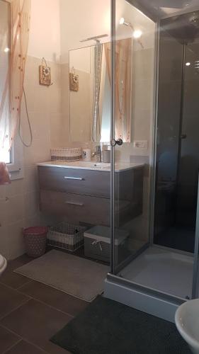 a bathroom with a glass shower and a sink at Relais La Terrazza in Palmadula