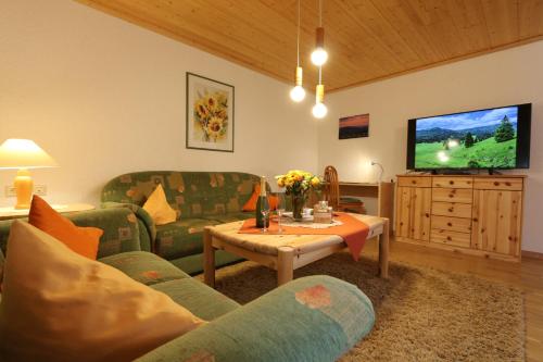 a living room with a couch and a tv at Ferienwohnungen Panoramablick in Bernau im Schwarzwald