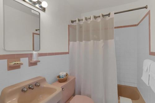 y baño con cortina de ducha y lavamanos. en Ala Kai Resort Motel, en Wildwood Crest