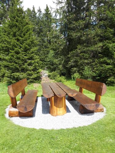 a picnic table and two benches in a park at Penzion Horska Kvilda in Horská Kvilda