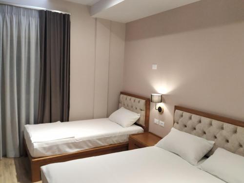 pokój hotelowy z 2 łóżkami i oknem w obiekcie Hotel Pelikan w mieście Divjaka