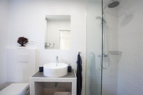 a white bathroom with a sink and a shower at Lodge Diana & Room Sweet 26 in Bled