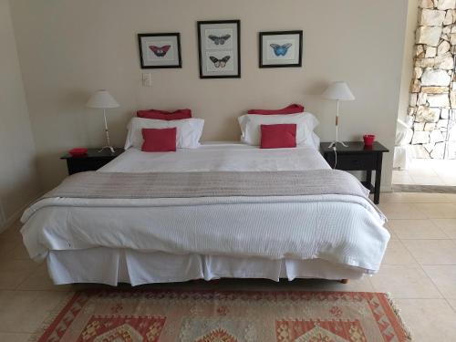 a bedroom with a large white bed with red pillows at Hotel Boutique Posada Piedras Blancas in Santa Rosa