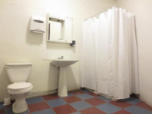 a bathroom with a toilet and a sink at Hostal Plaza Londres 77 in Santiago