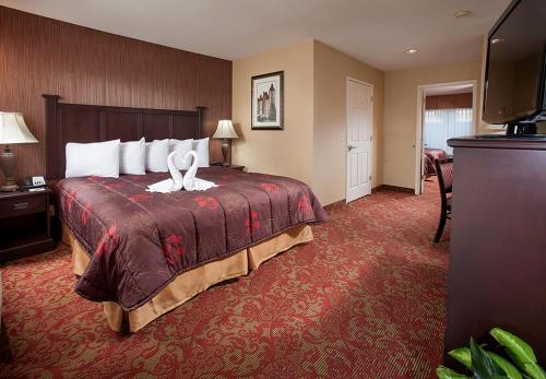 Habitación de hotel con cama y TV de pantalla plana. en Castle Inn and Suites Anaheim en Anaheim