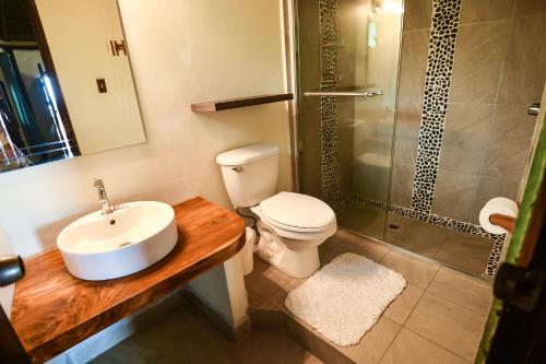 a bathroom with a toilet and a sink and a shower at Hotel Oasis & Surf Camp in Santa Catalina