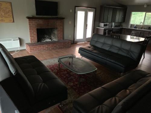a living room with a couch and a fireplace at Mountain Trail Lodge and Vacation Rentals in Oakhurst