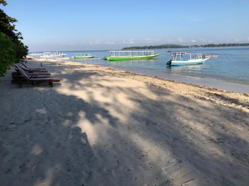 a group of boats on the shore of a beach at Salili Bungalow in Gili Air