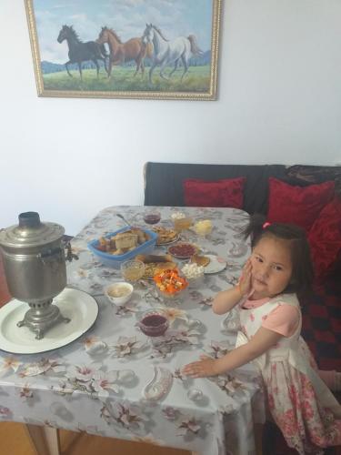 a little girl sitting at a table with a table cloth at EcoUlan in Kochkor