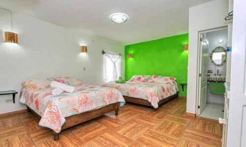 two beds in a room with a green wall at Hotel Spa Maggic Home Panorámica in Guanajuato
