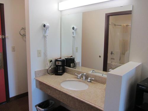 a bathroom with a sink and a large mirror at Howard Johnson by Wyndham Lubbock TX in Lubbock