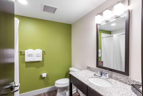 een groene badkamer met een wastafel en een toilet bij Sleep Inn Logan Ohio-Hocking Hills in Logan