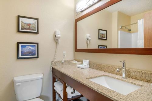 a bathroom with a toilet and a sink and a mirror at Comfort Inn Medford North in Medford