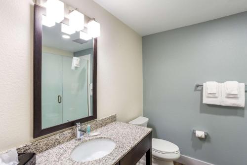 a bathroom with a sink and a toilet and a mirror at MainStay Suites Logan Ohio-Hocking Hills in Logan