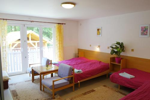 een slaapkamer met 2 bedden en een tafel en stoelen bij Penzion Jája Lipno nad Vltavou in Lipno nad Vltavou