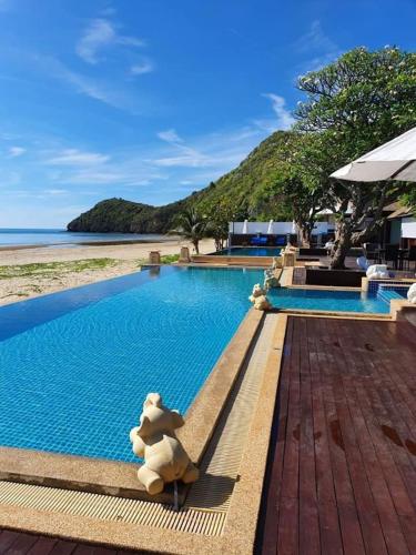 a teddy bear sitting on the edge of a swimming pool at Amara Villa Khao Ka Lok in Ban Nong Sua