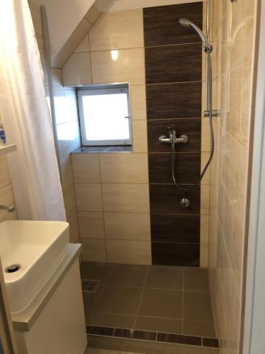 uma casa de banho com um chuveiro, um WC e um lavatório. em Schmidt Apartman 2. em Csopak
