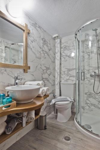 a bathroom with a shower and a sink and a toilet at Philoxenia Apartments in Karpathos