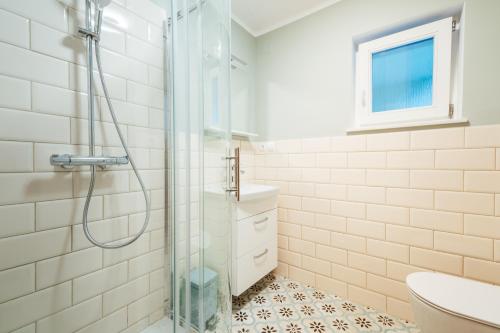 a bathroom with a shower and a toilet and a sink at Apartma Arnež in Bled