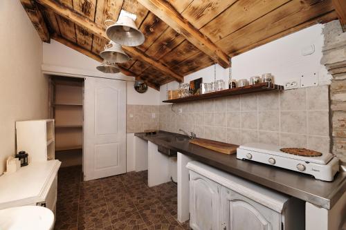 a kitchen with wooden ceilings and a counter with a stove at Villa Amelie in Kaštelir