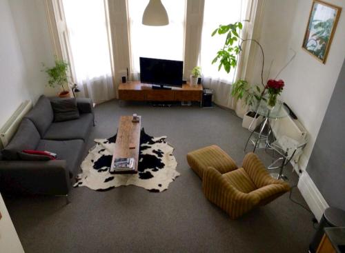 a living room with a couch and a table at Lovely New York style flat in Greenwich - Blackheath in London