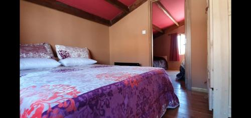 een slaapkamer met een groot bed en een paarse deken bij Casita Morada in Navalespino