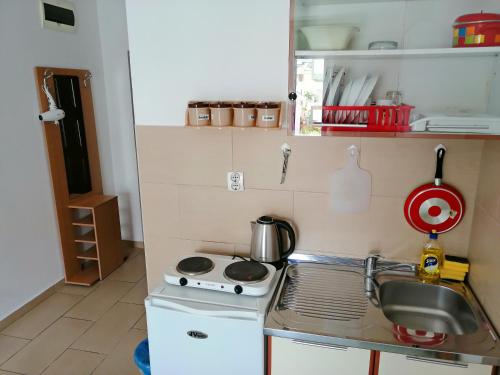 Una pequeña cocina con estufa y fregadero. en Mirko Apartments Budva, en Budva