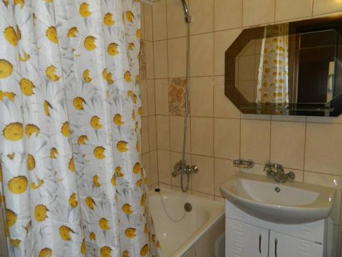 y baño con cortina de ducha, lavabo y bañera. en ул. Киевская Апартаменты, en Kremenchuk