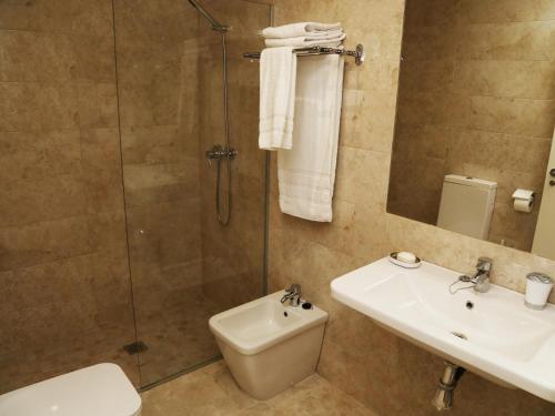 a bathroom with a shower and a toilet and a sink at Apartamento puente romano P2 1G in Salamanca