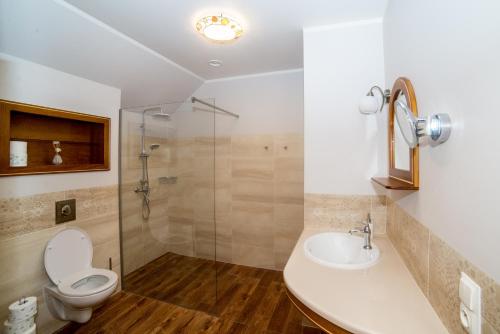 a bathroom with a toilet and a sink and a shower at Apartamenty Romanowka in Raszów