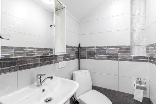a white bathroom with a toilet and a sink at VIP Apartment in Lviv
