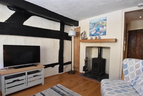 a living room with a tv and a fireplace at Old Town Bolthole in Hastings