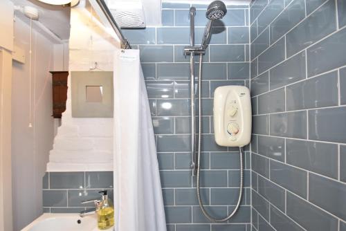 a blue tiled bathroom with a shower with a shower head at Old Town Bolthole in Hastings