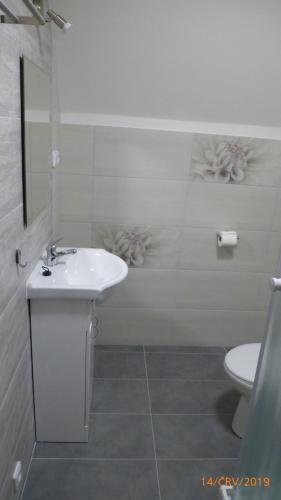 a white bathroom with a sink and a toilet at Penzion Sklář in Nový Bor