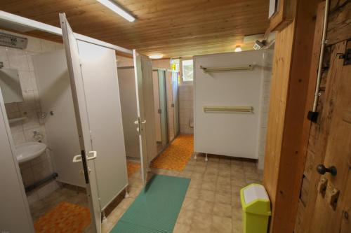 a small bathroom with a shower and a toilet at Widum Köfels in Umhausen