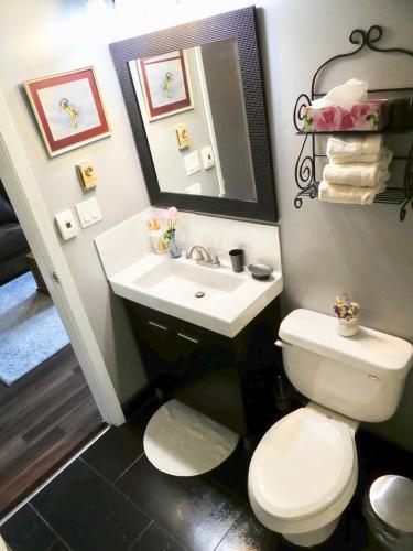 a bathroom with a white toilet and a sink at Belle Neige Whistler in Whistler