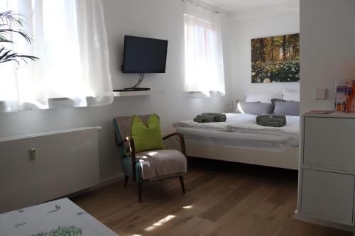 - une chambre avec un lit, une chaise et une télévision dans l'établissement Casa Stetten, à Lörrach