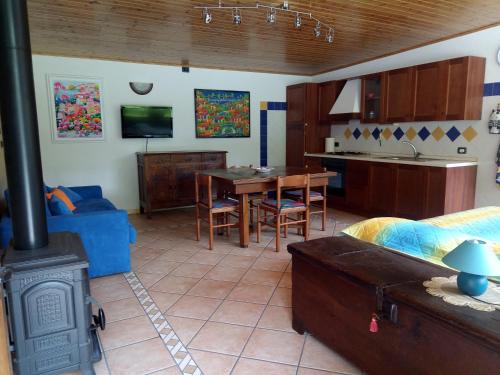 cocina y sala de estar con estufa de leña en Chalet del Laghetto, en Chiusa di Pesio