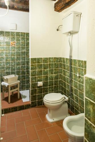 a green tiled bathroom with a toilet and a sink at La Rimbecca Greve in Chianti in Greve in Chianti