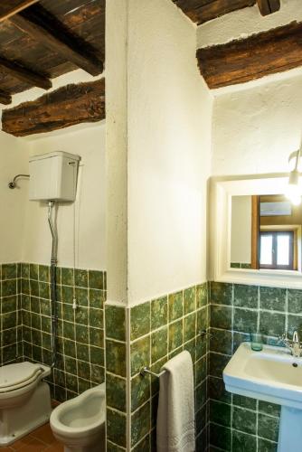 a green tiled bathroom with a toilet and a sink at La Rimbecca Greve in Chianti in Greve in Chianti