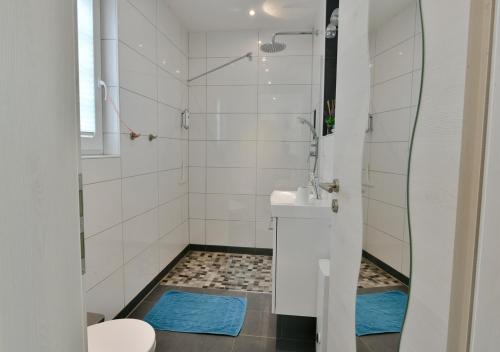 a bathroom with a shower and a toilet at Appartements Moselblick in Klotten