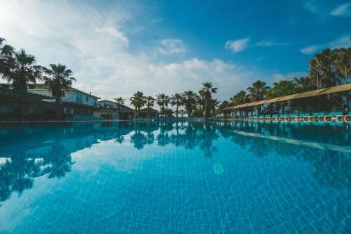 a large swimming pool with blue water and palm trees at Belek Soho Beach Club in Belek