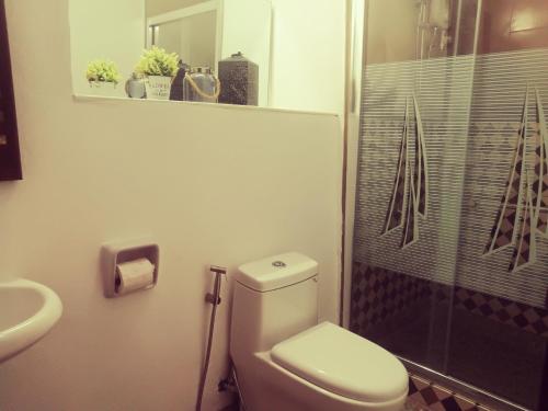 a bathroom with a toilet and a shower and a sink at Escolta's Homey Lodge in Vigan