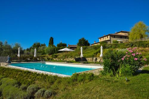 a swimming pool in a field with umbrellas at Cavarchino B&B in Gaiole in Chianti