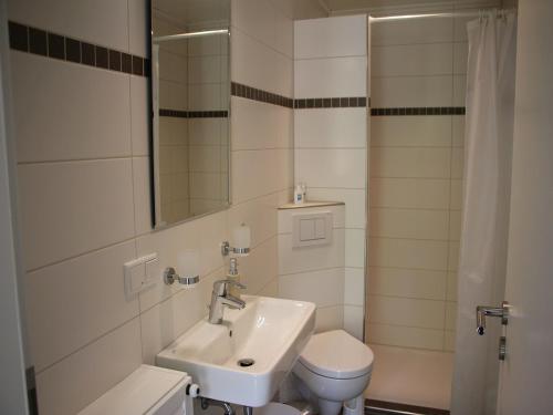uma casa de banho com um lavatório, um WC e um espelho. em Ferienwohnung Die Fuchsmühle em Niedermeiser